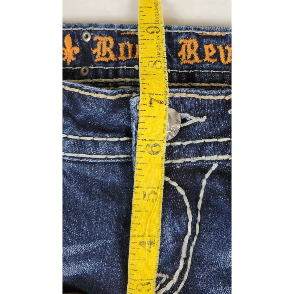 Rock Revival Kai Bootcut Jeans Dark Wash Distressed Thick Stitch Buckle 28x29 - Picture 9 of 11